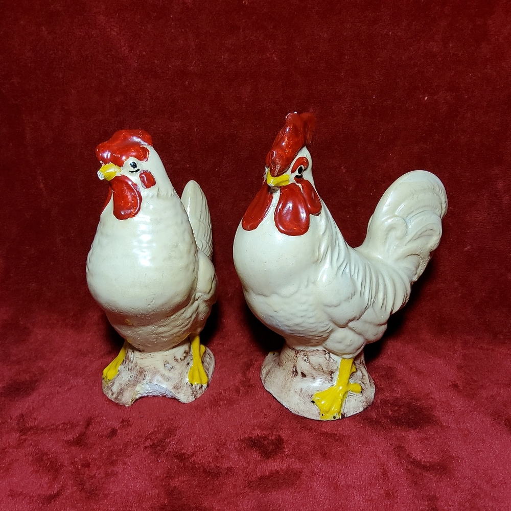 Vintage Chalk Ware Chicken Figurines Rooster & Hen Country Farmhouse Ceramic